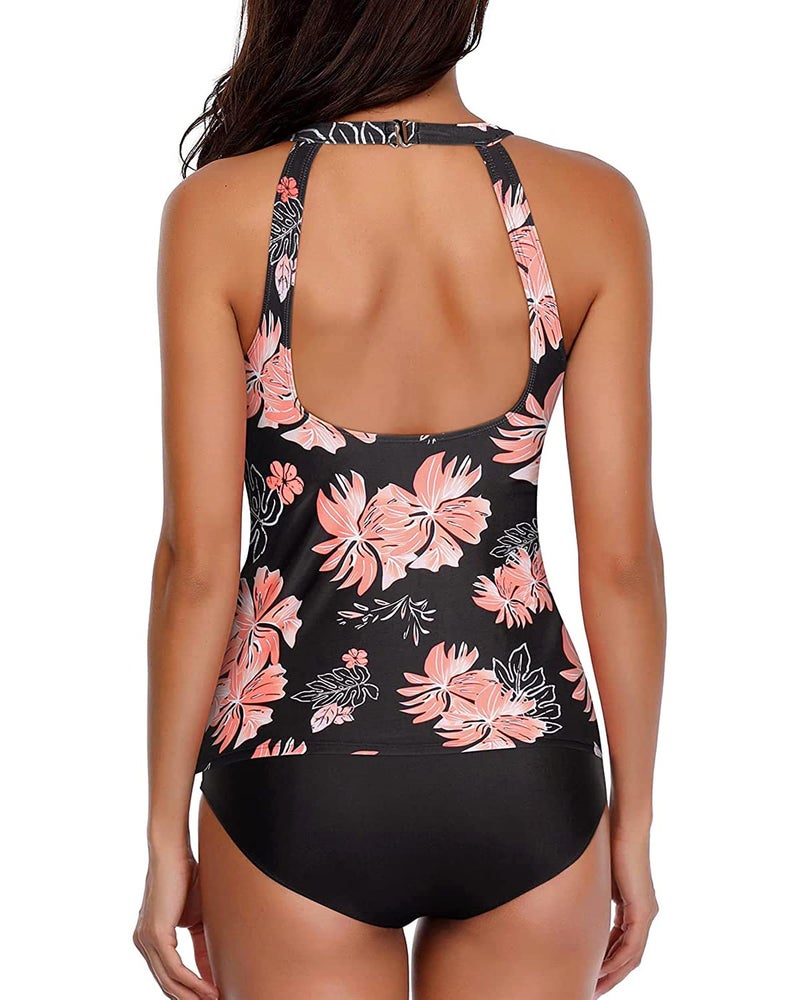 Holipick Women Black Flower Tankini Swimsuits High Neck Swim Tank Tops Tummy Control Two Piece Bathing Suits Halter Swimwear S - Image 3